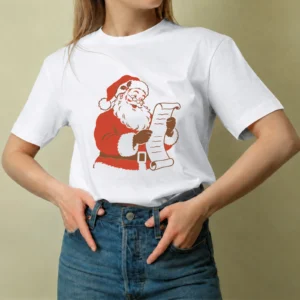 Navidad 48 blanca - mujer centrado Playera navideña blanca diseño 48, vista en mujer
