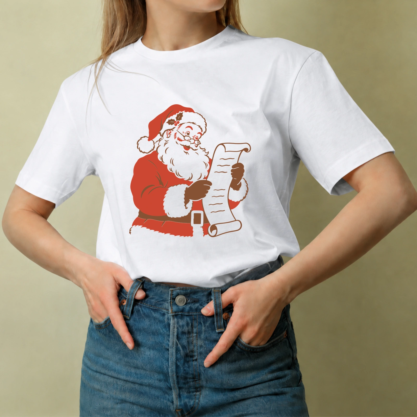 Mockup de la playera Santa y su Lista en mujer