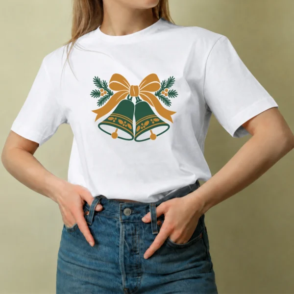 Campanas con Lazo Dorado - mujer Campanas con Lazo Dorado, camiseta blanca, mujer