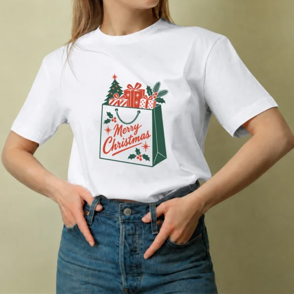 Bolsa Merry Christmas, camiseta blanca, mujer
