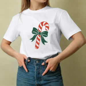 Bastón de Caramelo con Lazo, camiseta blanca, mujer
