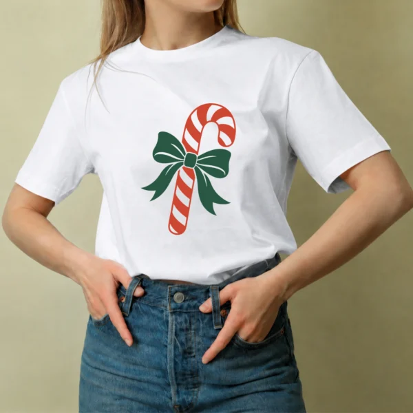 Bastón de Caramelo con Lazo, camiseta blanca, mujer