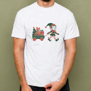 Duende con Carrito de Regalos - hombre Duende con Carrito de Regalos, camiseta blanca, hombre