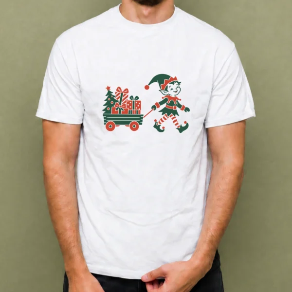 Duende con Carrito de Regalos - hombre Duende con Carrito de Regalos, camiseta blanca, hombre