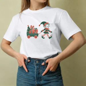Duende con Carrito de Regalos - mujer Duende con Carrito de Regalos, camiseta blanca, mujer