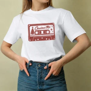 Casete Christmas Mix, camiseta blanca, mujer