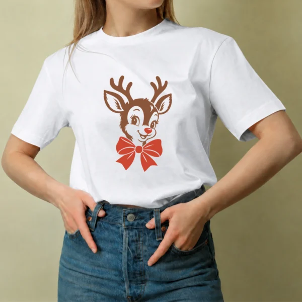 Reno de Nariz Roja, camiseta blanca, mujer