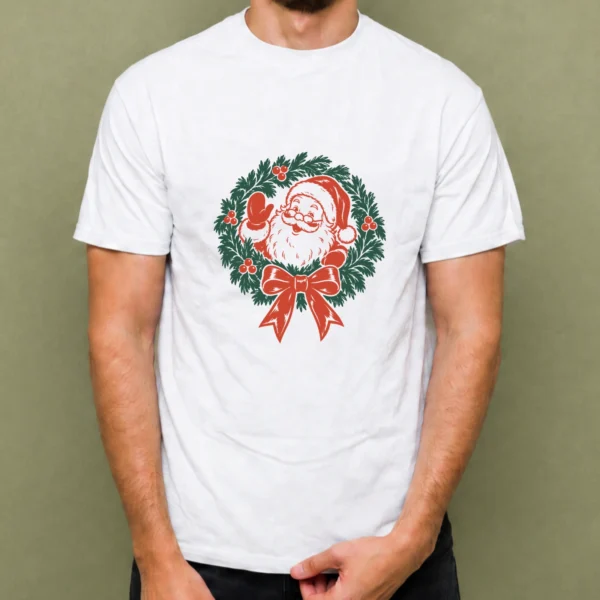 Santa en Corona Navideña - hombre Santa en Corona Navideña, camiseta blanca, hombre