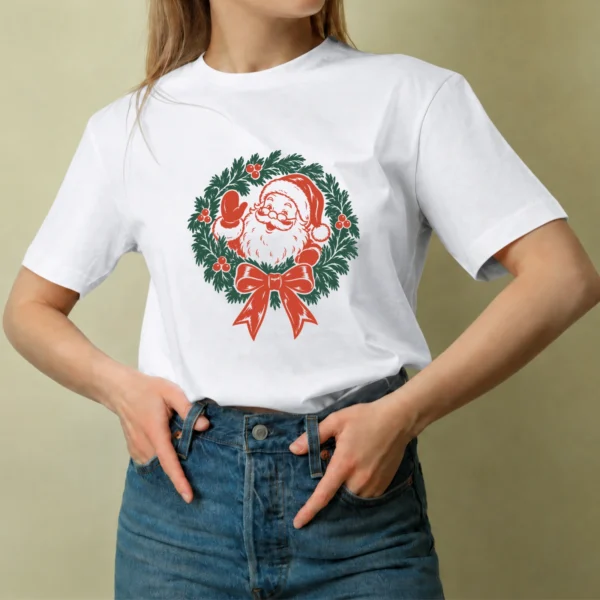 Santa en Corona Navideña - mujer Santa en Corona Navideña, camiseta blanca, mujer