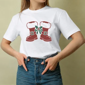 Botas de Santa, camiseta blanca, mujer