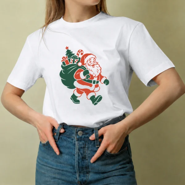 Santa con Saco de Regalos - mujer Santa con Saco de Regalos, camiseta blanca, mujer