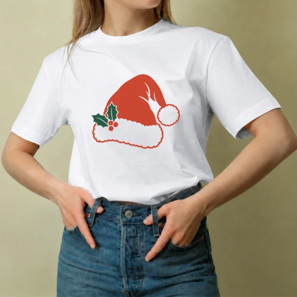 Gorro de Santa, camiseta blanca, mujer