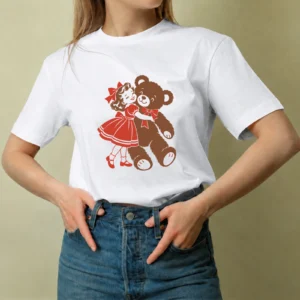 Niña con Osito, camiseta blanca, mujer