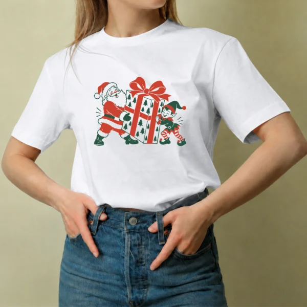Santa y Duende con Regalo - mujer Santa y Duende con Regalo, camiseta blanca, mujer