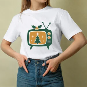 Televisor Navideño Dorado - mujer Televisor Navideño Dorado, camiseta blanca, mujer