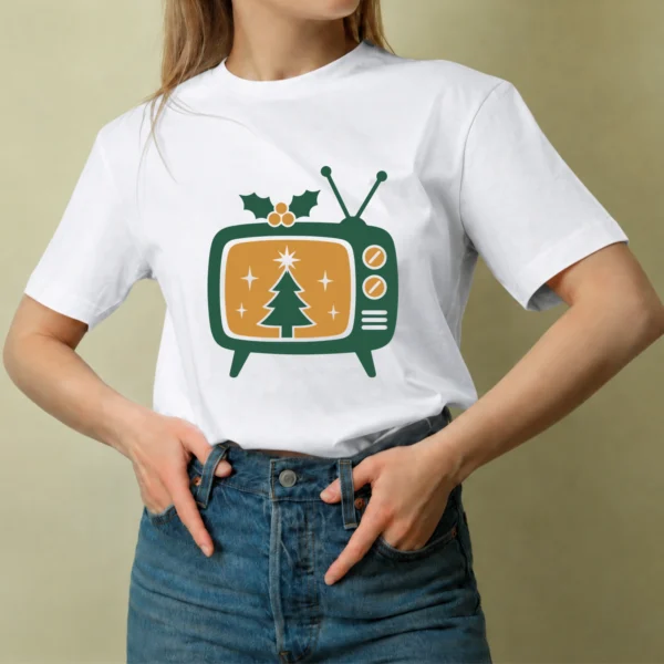 Televisor Navideño Dorado - mujer Televisor Navideño Dorado, camiseta blanca, mujer