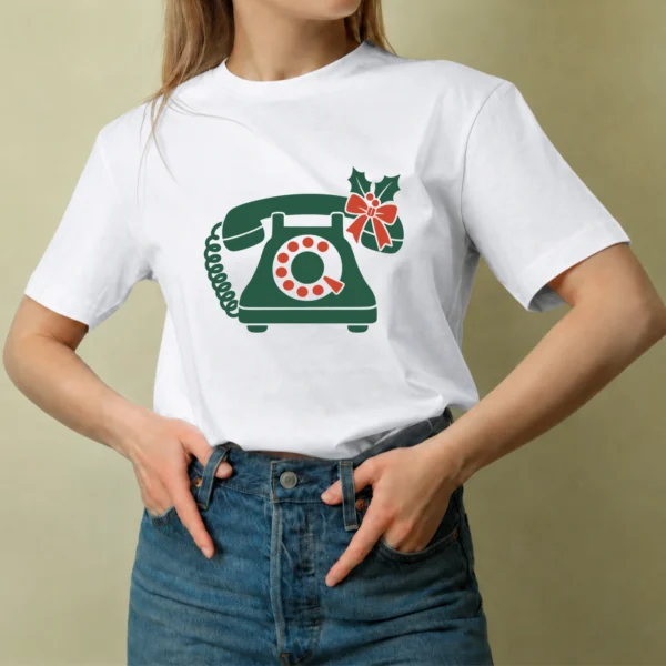 Teléfono Navideño Verde, camiseta blanca, mujer